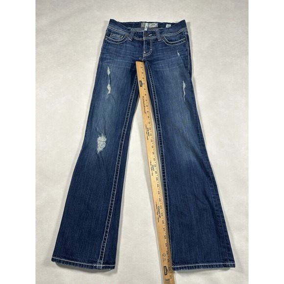 BKE Stella Flare Jeans Blue Distressed Low Rise Contrast Stitch Womens 26 Long - Picture 11 of 11